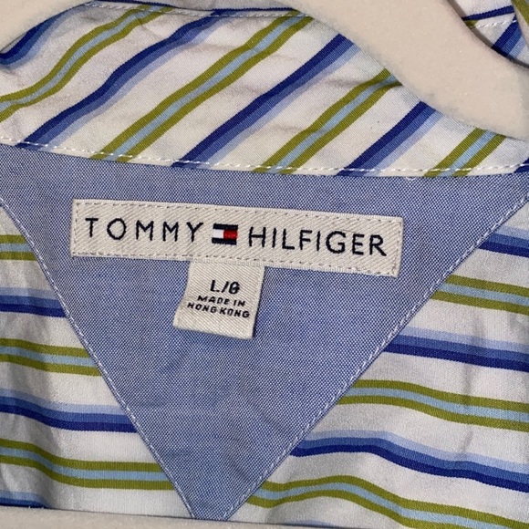 Tommy Hilfiger button down blue & green striped shirt size Large - Picture 3 of 5